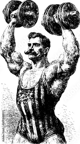 Strongman with dumbbells in vintage ink style. Muscular man with moustache in striped costume, black and white vector illustration.