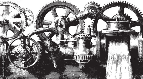 Industrial machinery with gears, cogs, and steam pipes in black and white. Vintage mechanical engineering set in engraving style, vector illustration.