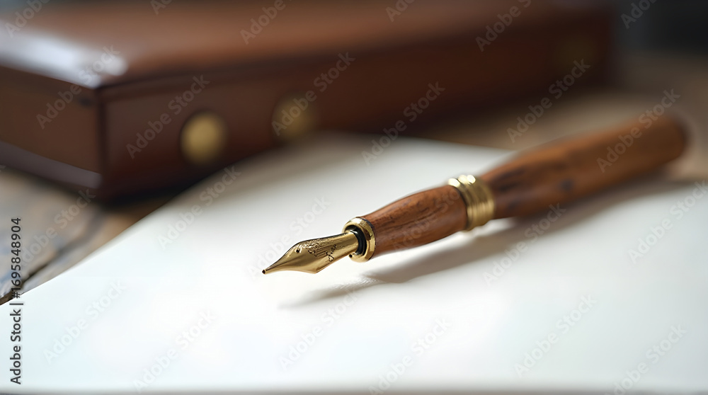 Fototapeta premium A fountain pen with a wooden handle resting on a white surface