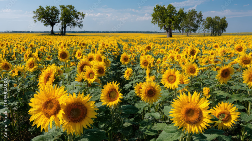 Fototapeta premium A stunning field of sunflowers basks in the warm summer sunlight, creating a vibrant scene.