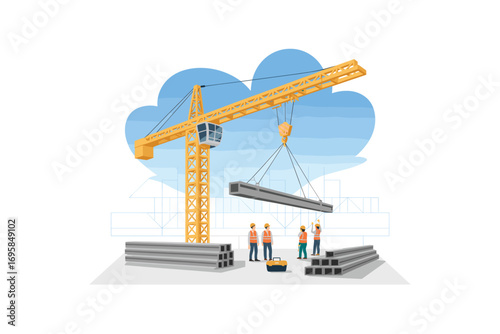 Construction Crane Lifting Steel Beam with Workers at Building Site | Infrastructure Development and Engineering Project Management Illustration for Builders