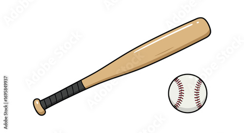 a wooden baseball bat resting near a white ball