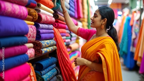Woman shopping for fabric in a vibrant textile store