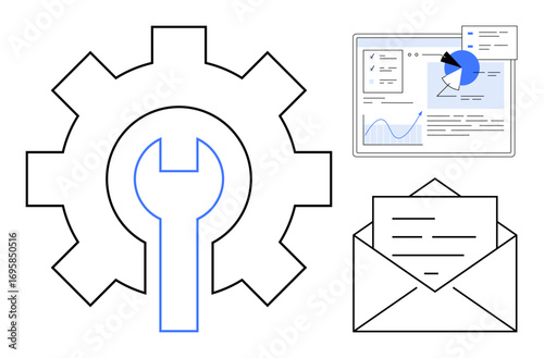 Gear with wrench symbolizing tools, analytics dashboard for data insights, and envelope for messaging. Ideal for productivity, business operations, communication, teamwork, data tracking, analytics