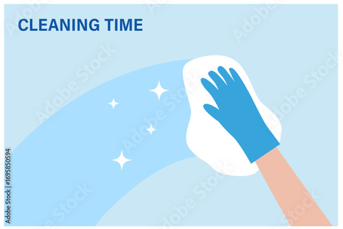 Cleaning service concept. Hand wearing glove holding white napkin to clean home to protect from diseases and bacteria vector illustration