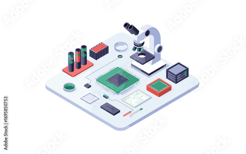 Isometric Science and Technology Concept: Microscope, Circuits, and Research Components for Innovation, Biotechnology, and Modern Scientific Development, Illustrating Lab Work and Discovery.