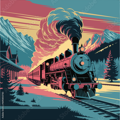 Vintage Steam Train Vector Illustration with Mountains, Railway Station and Smoke