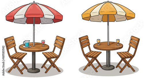 outdoor seating area with colorful umbrellas wooden chairs and tables