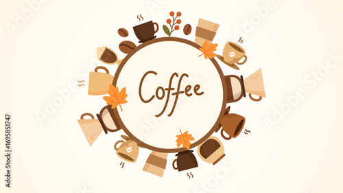 Coffee wreath circle with mugs beans leaves autumn decorative design
