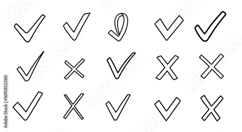 Collection of hand drawn check marks and x marks in black and white style