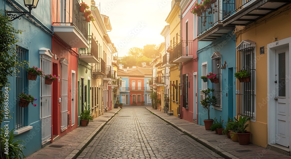 Fototapeta premium Colorful Cobblestone Street in a Charming Old Town