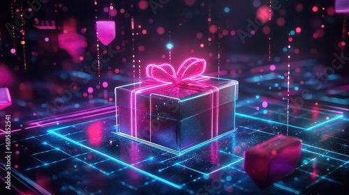 Glowing gift box with a pink bow on a blue neon grid background perfect for a tech themed celebration