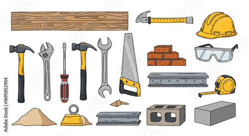 Illustration of various construction tools and materials on white background