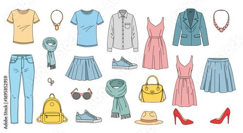 Illustration of various clothing items and accessories laid out flat