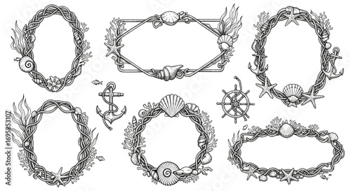 Collection of nautical themed frames and elements in black and white