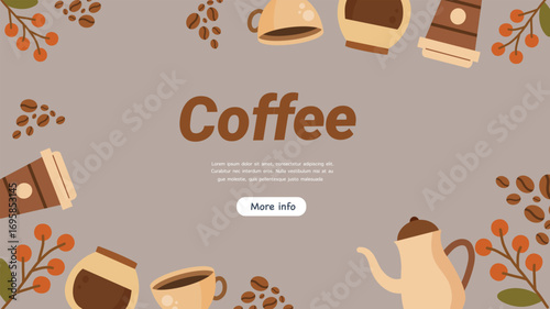 Coffee banner template with mugs kettle beans and autumn leaves