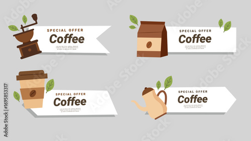 Coffee label banner set with grinder pot and product bag