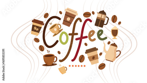 Creative coffee text design with cups beans and mugs