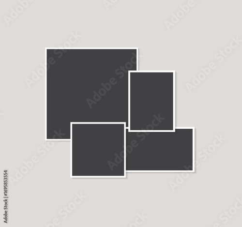 Modern photo collage template with four empty frames taped on grey background