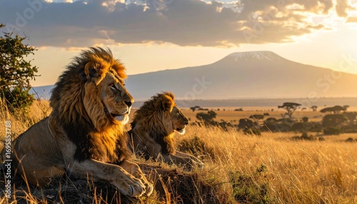 African Lions at Sunset, Majestic Savanna Landscape