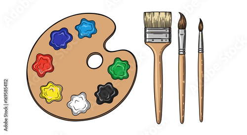 Illustration of a wooden artist palette with paints and three paintbrushes