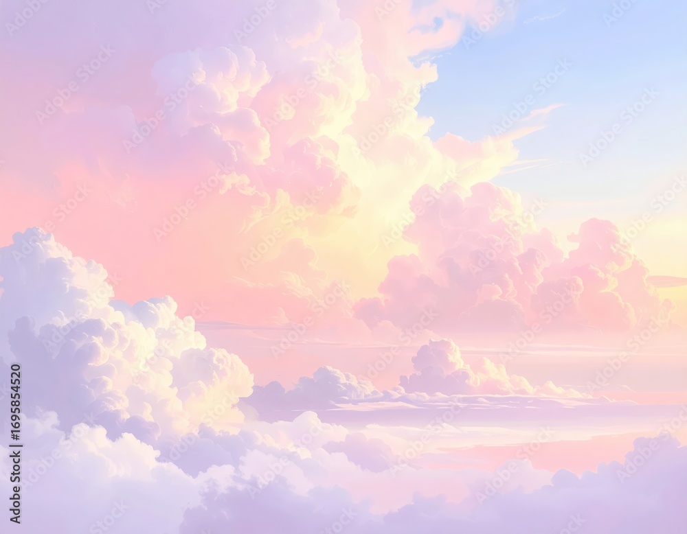 Fototapeta premium A serene, pastel-hued sky filled with fluffy clouds, bathed in soft, warm light.