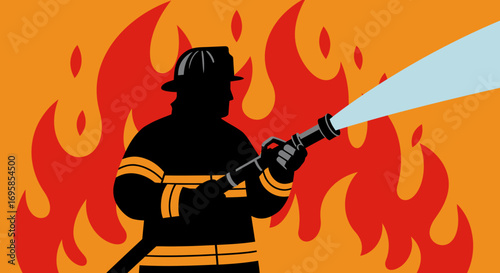 Silhouette Firefighter Extinguishing Flames with Water Hose.