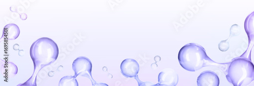 Elegant chemical atom 3d background with purple molecular chains and floating spheres for scientific presentations. Translucent liquid glossy bonds for skincare ads or biotechnology graphics.