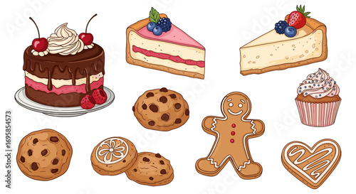 Illustration of a collection of various desserts including cakes and cookies