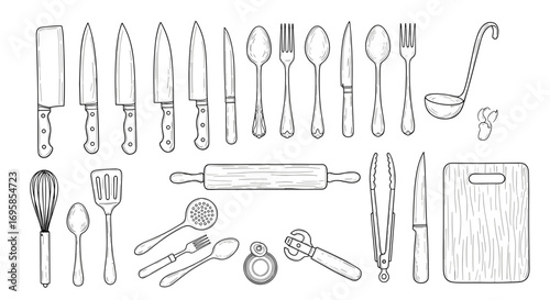 Illustration of various kitchen utensils including knives and spoons