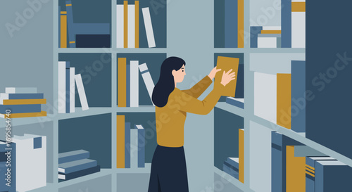 Woman Selecting Book from Library Bookshelf Illustration.