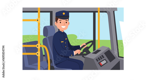 Smiling Bus Driver in Uniform Steering Vehicle.