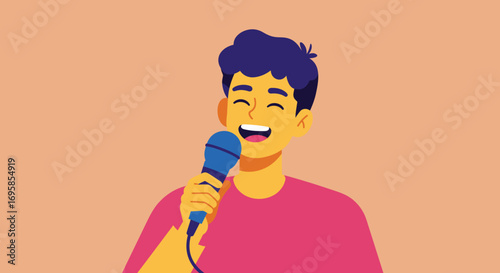 Cheerful Cartoon Man Singing into a Microphone.