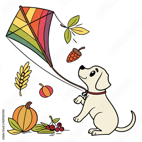 Cute SVG of a Playful Labrador in Harvest Blessings colors, featuring with a rainbow kite in a Thanksgiving setting