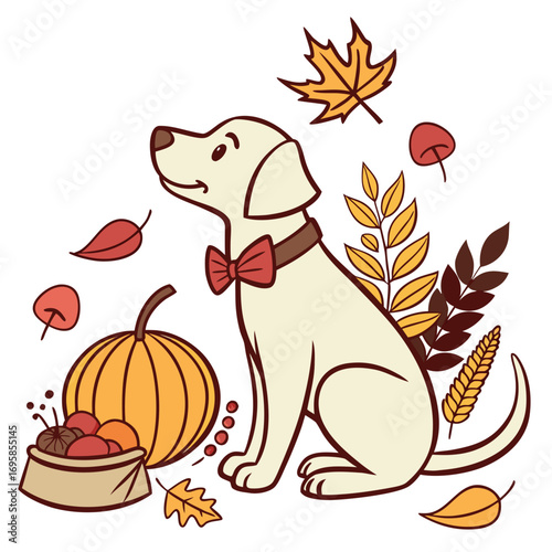 Gentle Labrador with wearing a bowtie, set in a charming Thanksgiving theme – Harvest Blessings color vector art