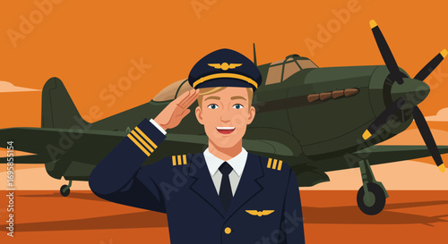 Smiling Pilot Saluting in Front of Airplane.