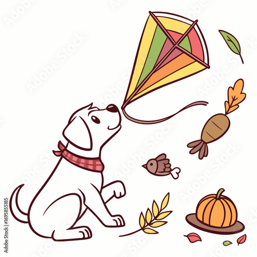 Cute SVG of a Playful Labrador in Harvest Blessings colors, featuring with a rainbow kite in a Thanksgiving setting