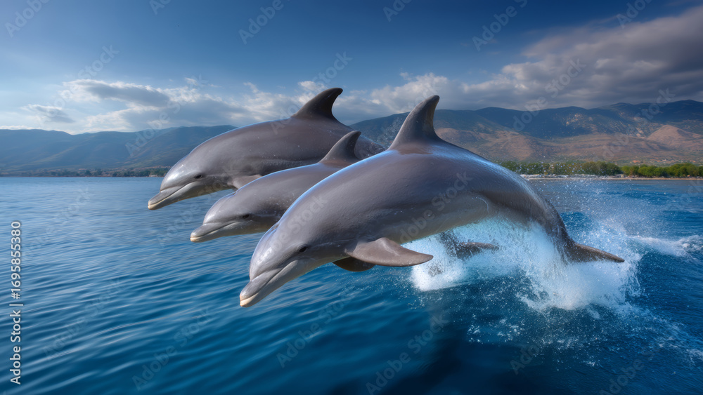Obraz premium Playful dolphin travel rebound in ocean near coastline joyful marine mammals jumping through blue water with mountains and sky