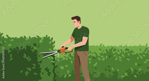 Man Trimming Hedges with Electric Hedge Trimmer.