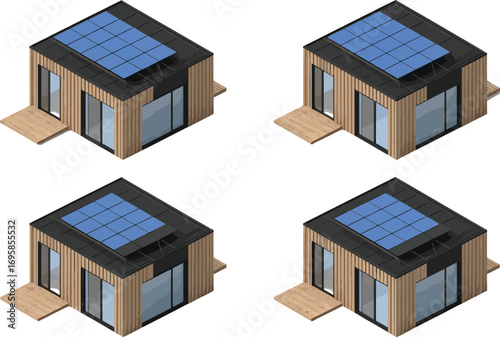 Modern tiny homes with solar panels and glass walls in isometric view