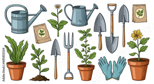 Illustration of various gardening tools and potted plants on white backdrop