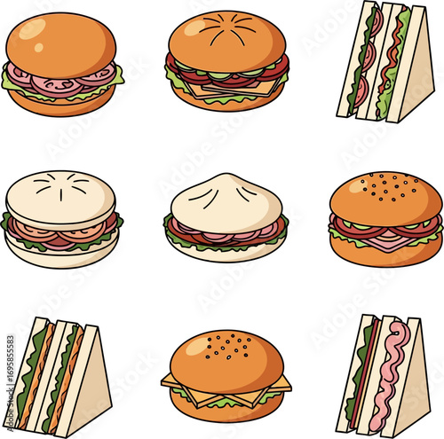 Food icons Sandwiches and Burgers with white BG.