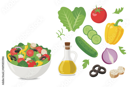 Fresh garden salad ingredients and bowl of delicious healthy food