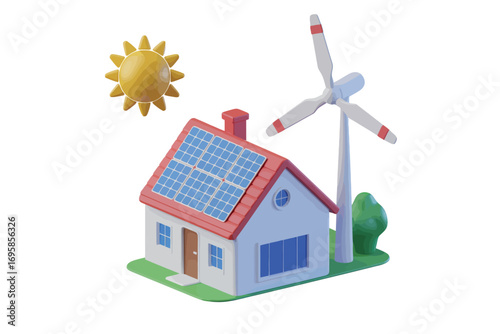 Eco friendly house with solar panels and wind turbine under bright sun