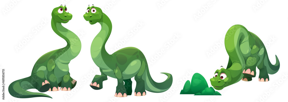 Obraz premium Cartoon green dinosaur character with friendly expressions for children educational materials and game design. Long necked brachiosaurus sitting and walking. Smiling curious brontosaurus smell bush.