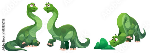 Cartoon green dinosaur character with friendly expressions for children educational materials and game design. Long necked brachiosaurus sitting and walking. Smiling curious brontosaurus smell bush.