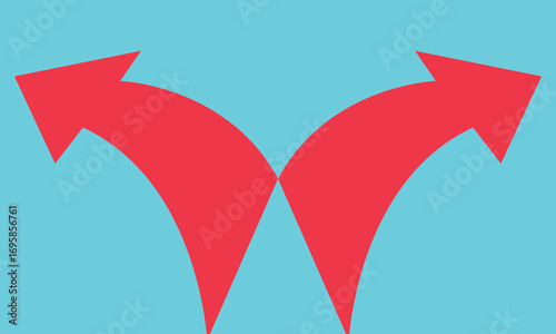 choice with two arrows, blue and red vector concep. Flat illustration. Minimalist illustration of two curved arrows, merging into a single direction against . 