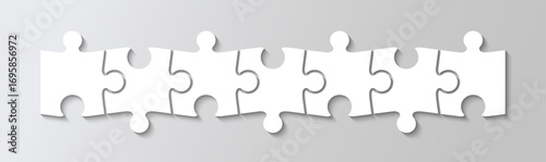 Puzzle chain with 7 pieces in a row. Jigsaw business process infographics presentation. Diagram grid infographic. . Business info graphic with steps, parts. Vector illustration