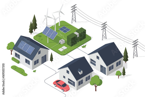 Sustainable neighborhood with solar panels wind turbines and electric car charging station