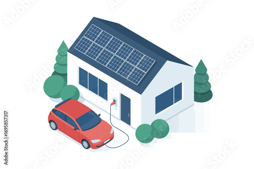 Modern home with solar panels and electric car charging station